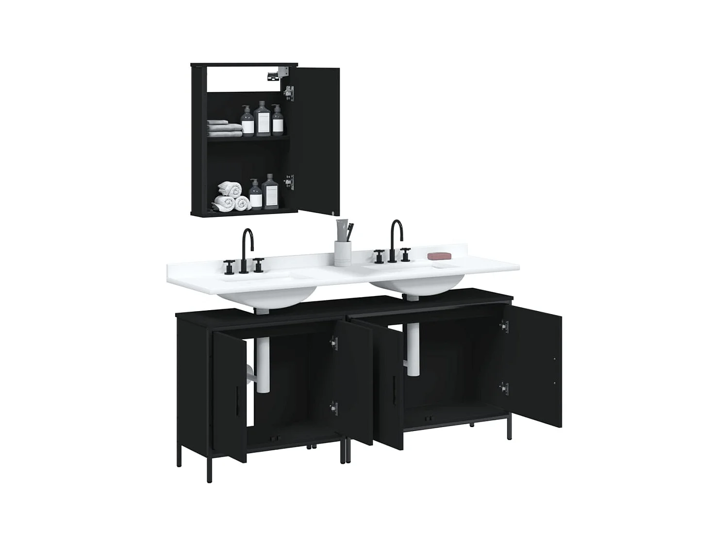 Set di mobili da bagno in legno ingegnerizzato nero, 3 pezzi