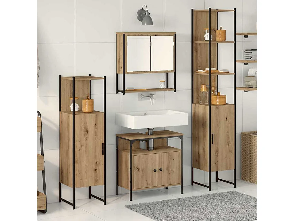 4-delige badkamermeubelset, handgemaakt eikenhout