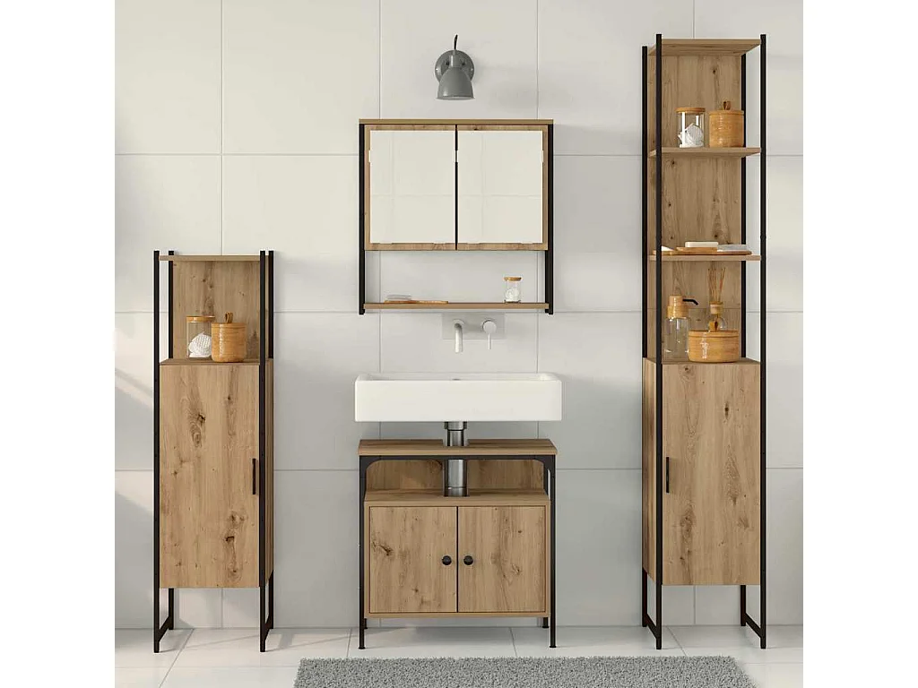 4-delige badkamermeubelset, handgemaakt eikenhout