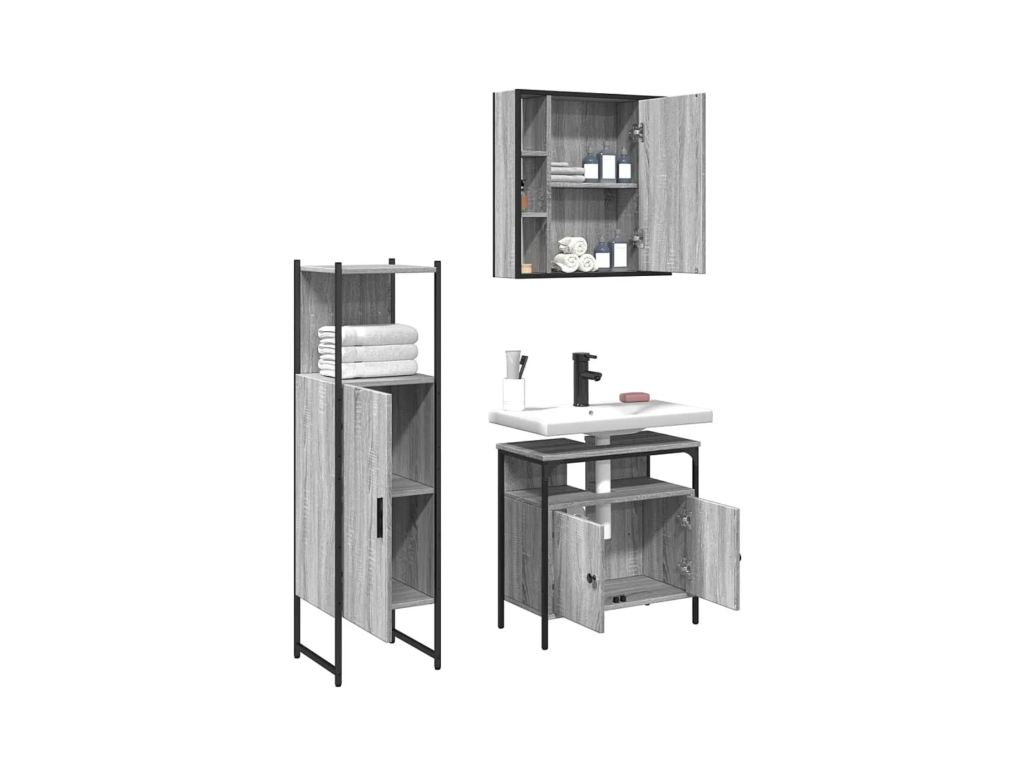 Ensemble d'armoires de salle de bain 3 pcs sonoma gris