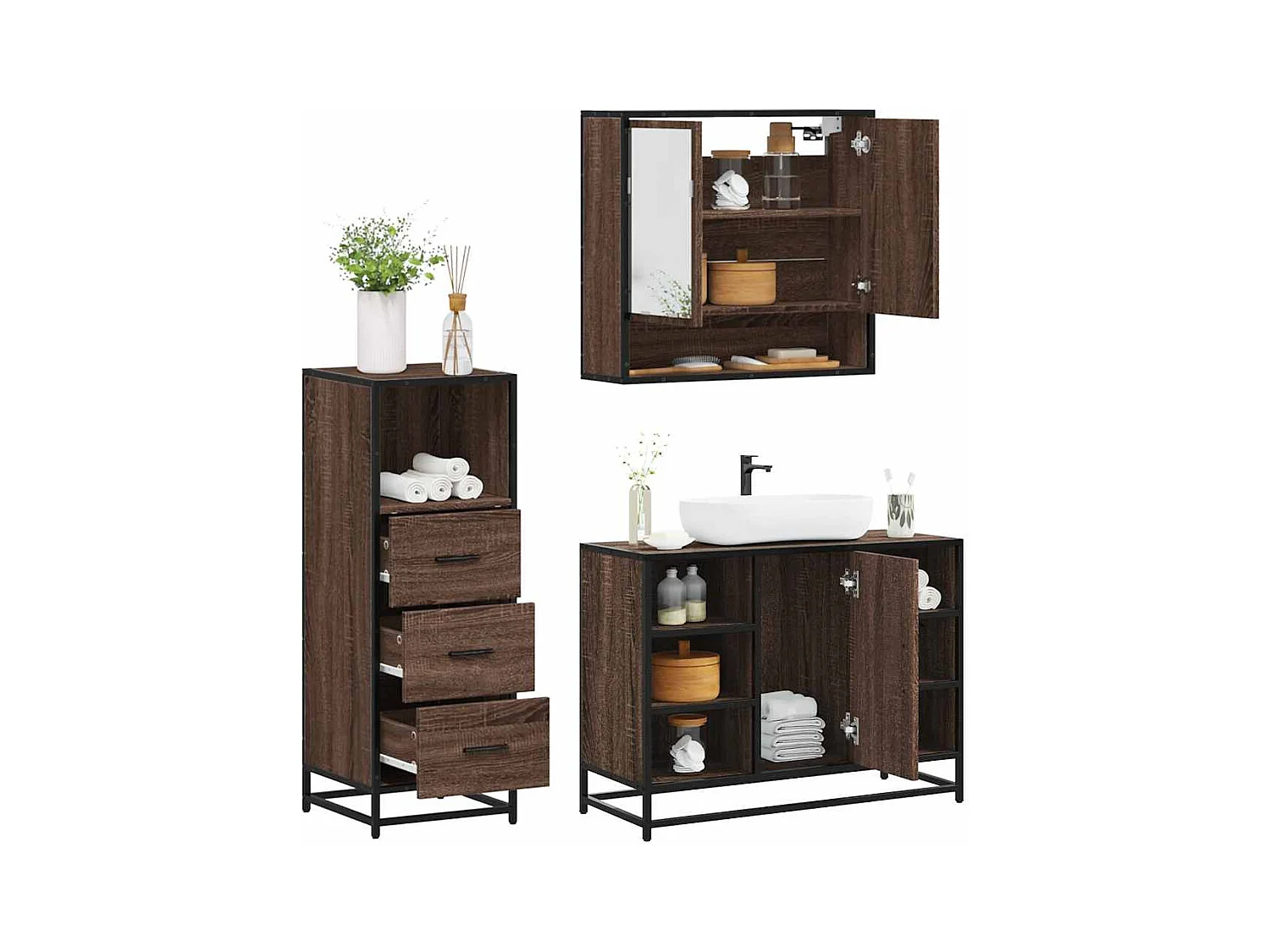 Ensemble de meubles de salle de bain 3 pcs Chêne marron
