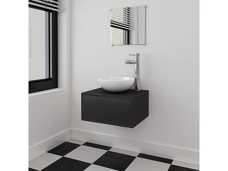 Mobiletto da bagno 4 pezzi con lavabo e rubinetto Nero