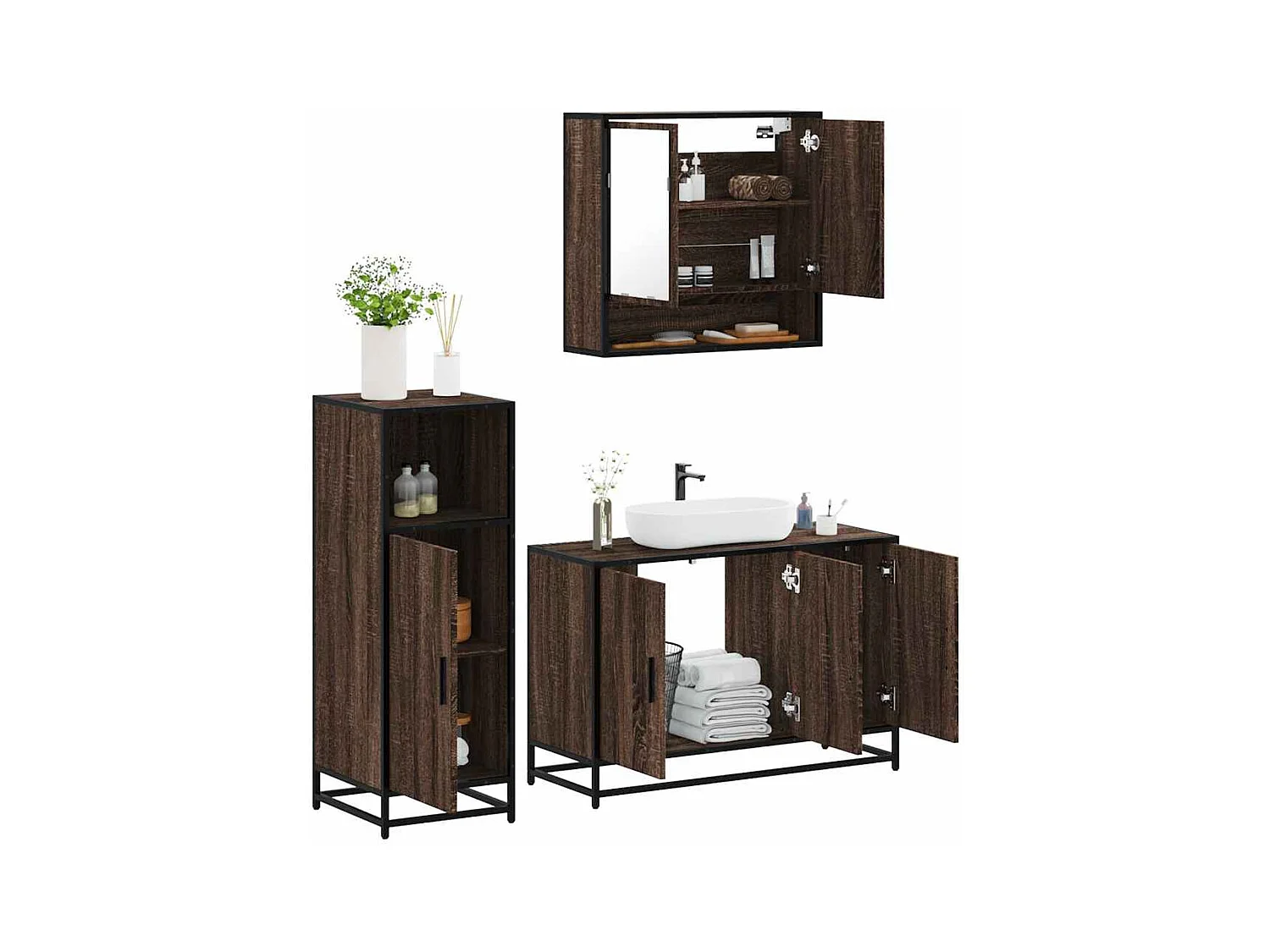 Conjunto de muebles de baño de 3 piezas Roble marrón