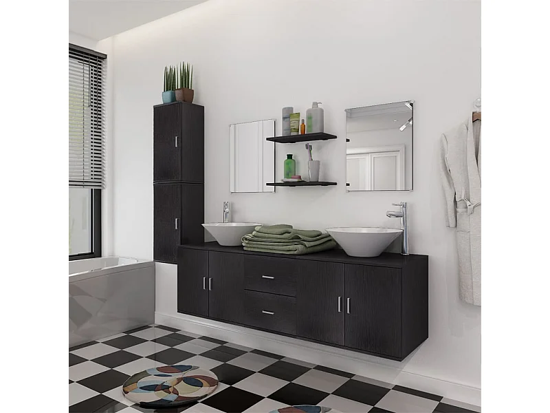 Mueble de baño de 11 piezas con lavabo y grifo Negro