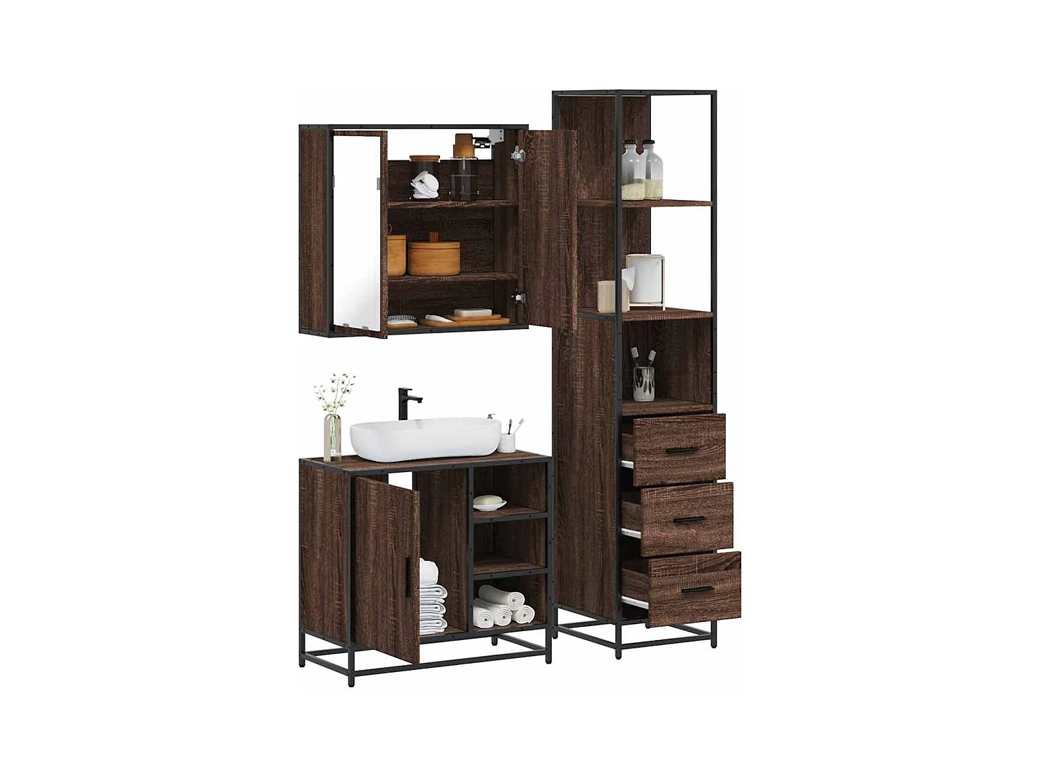 Set di mobili da bagno 3 pezzi Rovere marrone