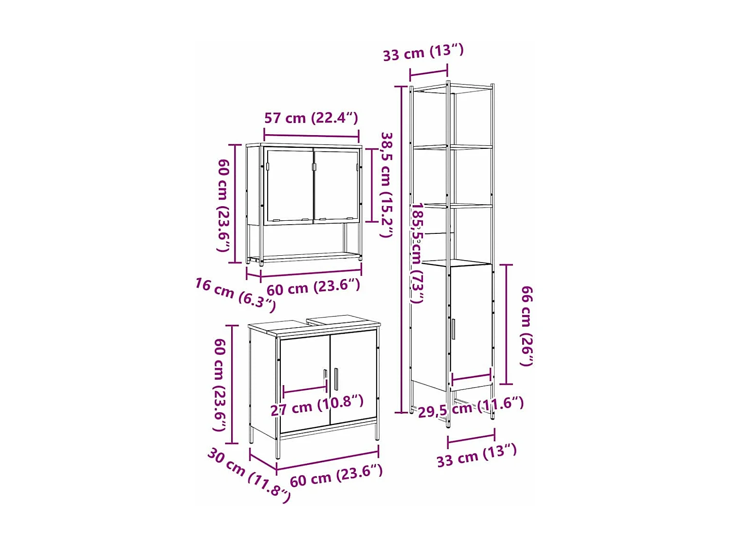 Set di mobili da bagno con mensola 3 pezzi marrone