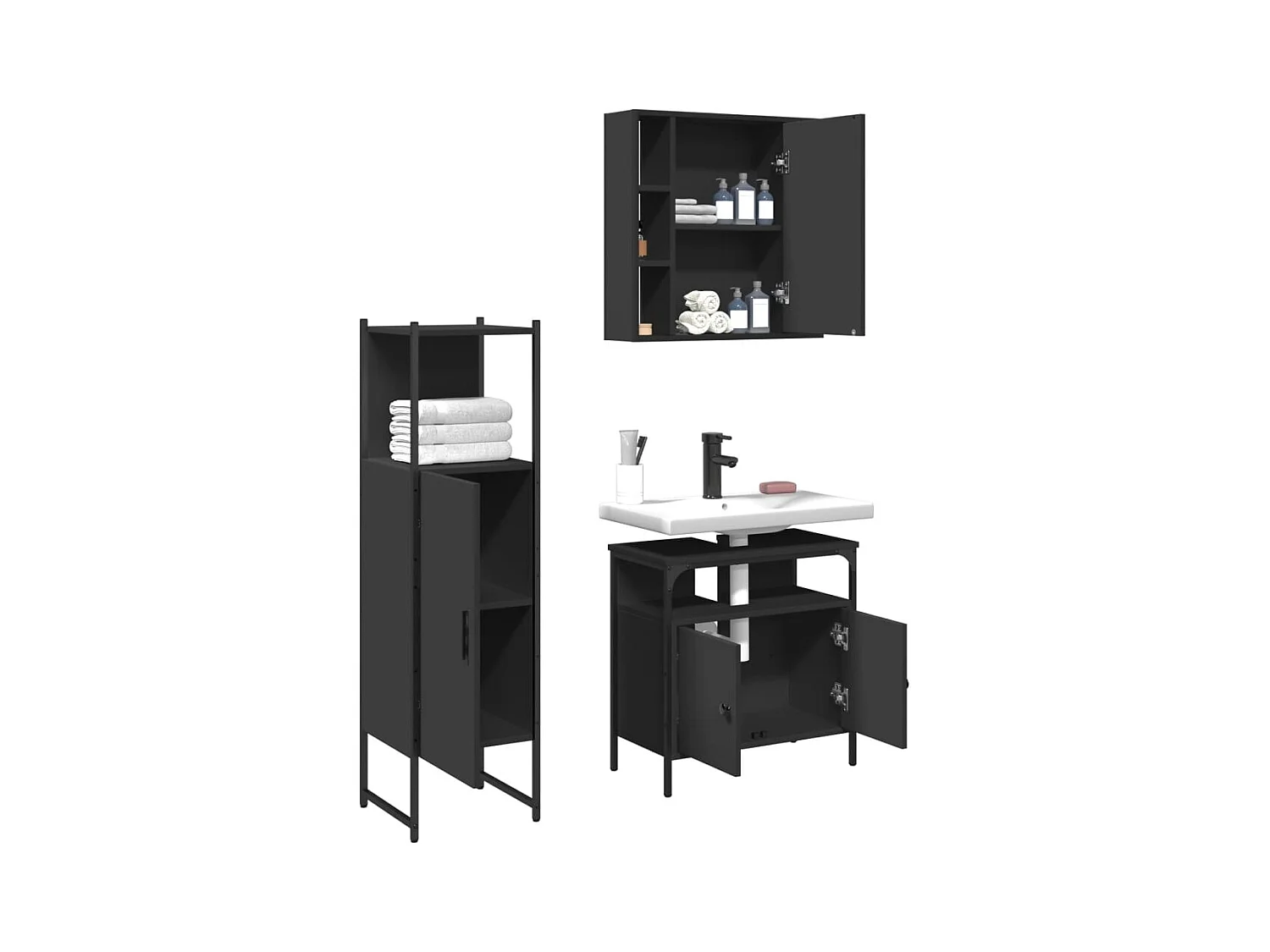 Ensemble d'armoires salle de bain 3 pcs noir bois d'ingénierie