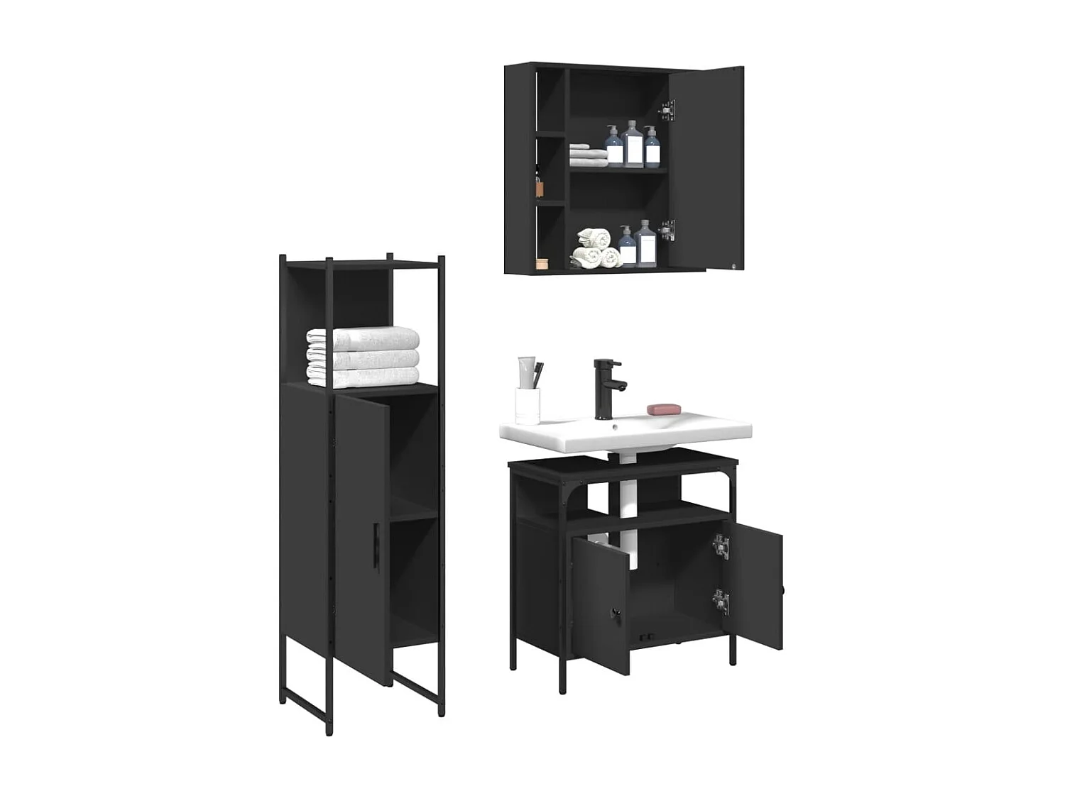 Ensemble d'armoires salle de bain 3 pcs noir bois d'ingénierie