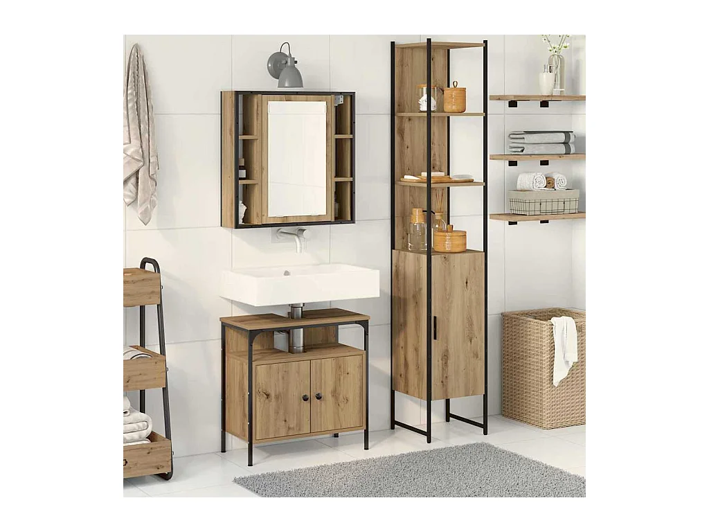 Conjunto de muebles de baño de 3 piezas en roble hecho a mano