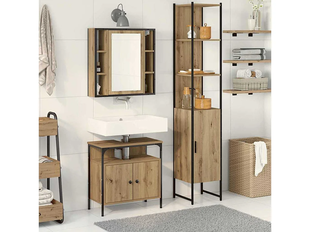 3-teiliges Badmöbel-Set aus handgefertigter Eiche