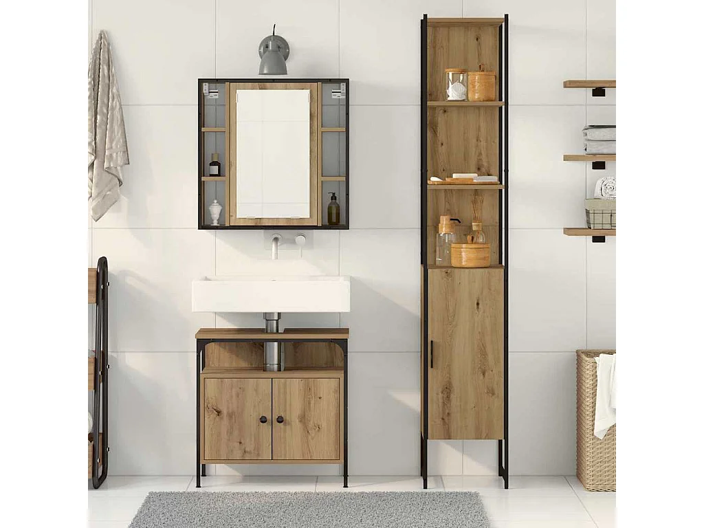 3-teiliges Badmöbel-Set aus handgefertigter Eiche