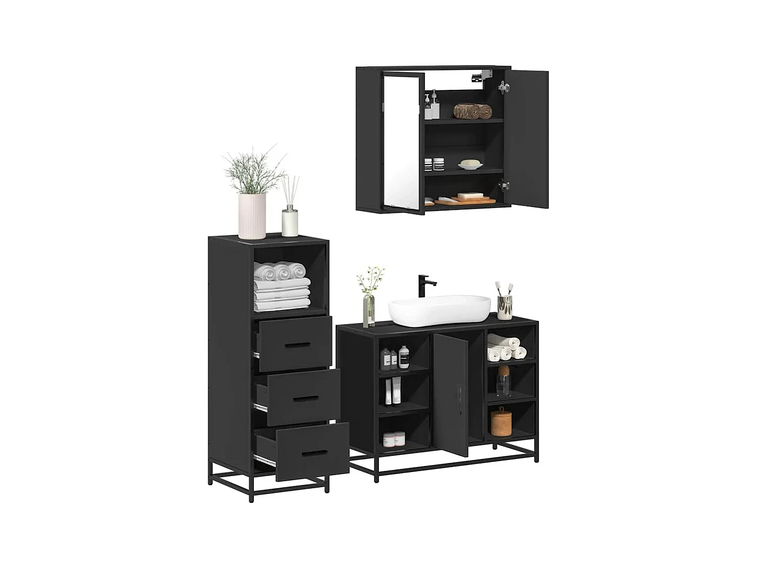 3-delige badkamermeubelset zwart bewerkt hout