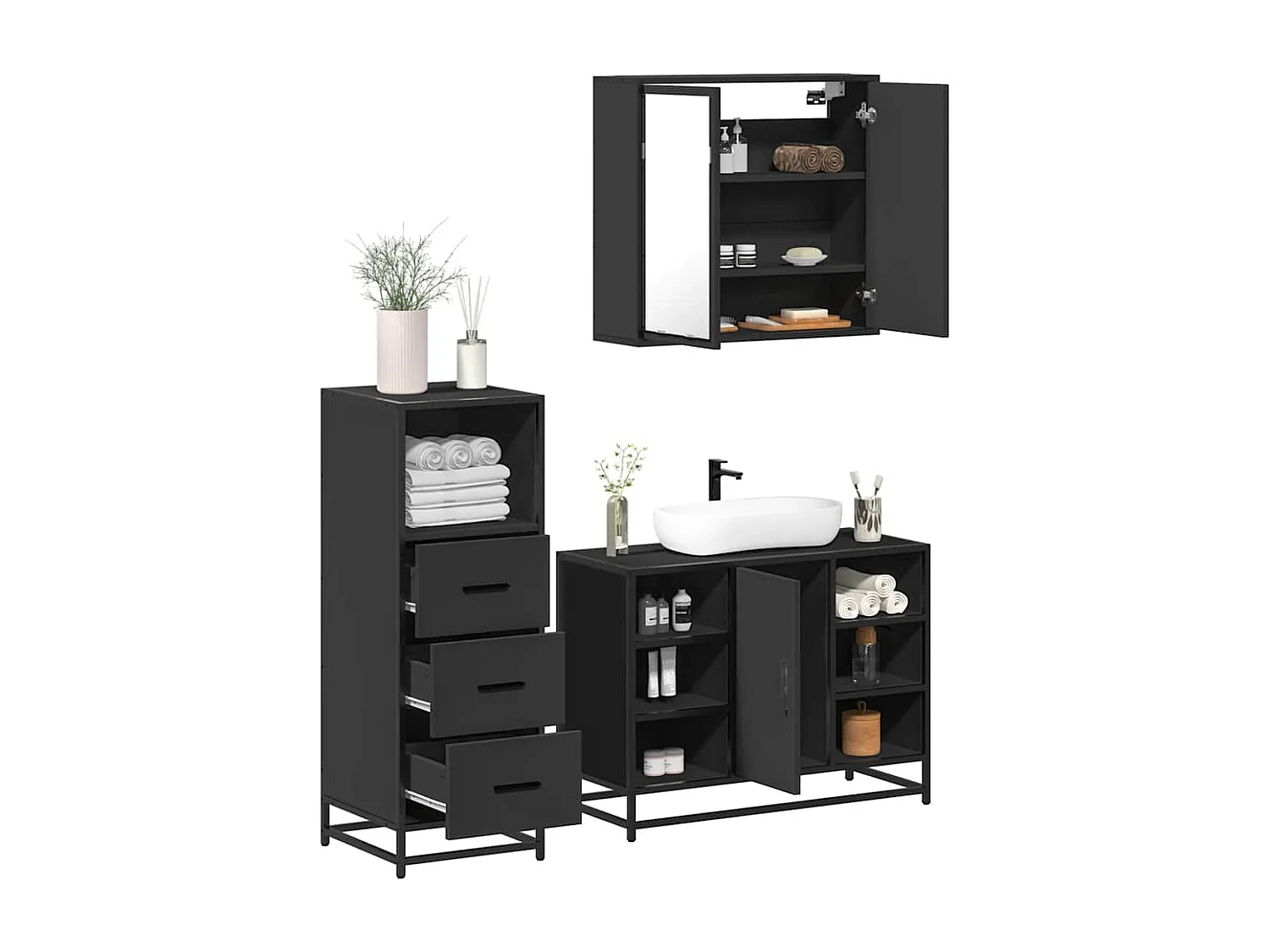 Ensemble de meubles salle de bain 3 pcs noir bois d'ingénierie