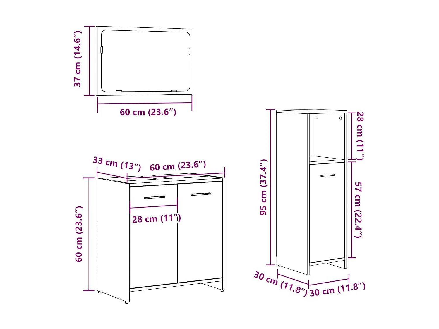 Conjunto de muebles de baño de 3 piezas de madera de ingeniería
