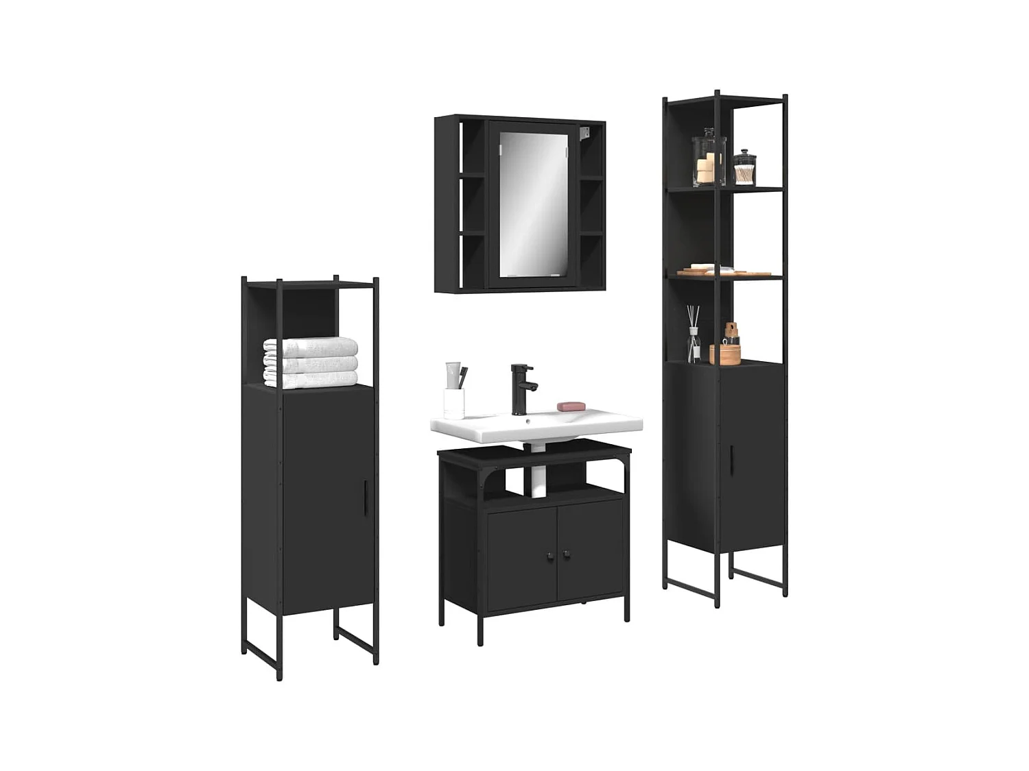4-teiliges Badezimmerschrank-Set aus schwarzem Holzwerkstoff