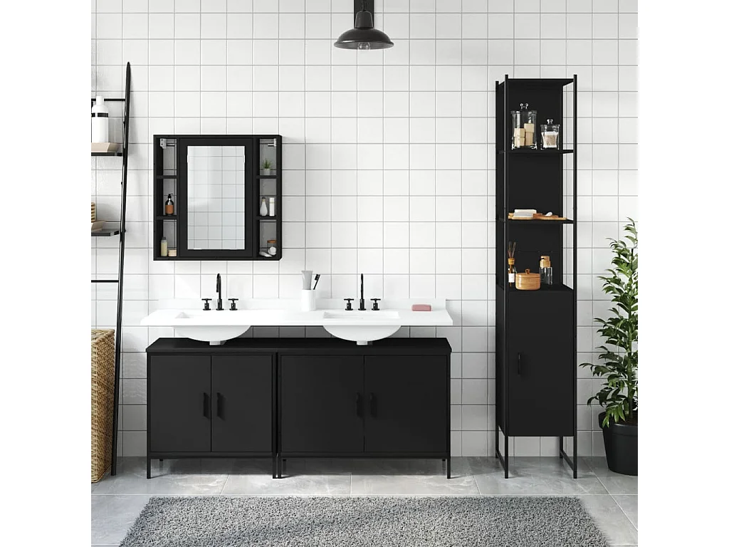 Set di mobili da bagno in legno ingegnerizzato nero da 4 pezzi