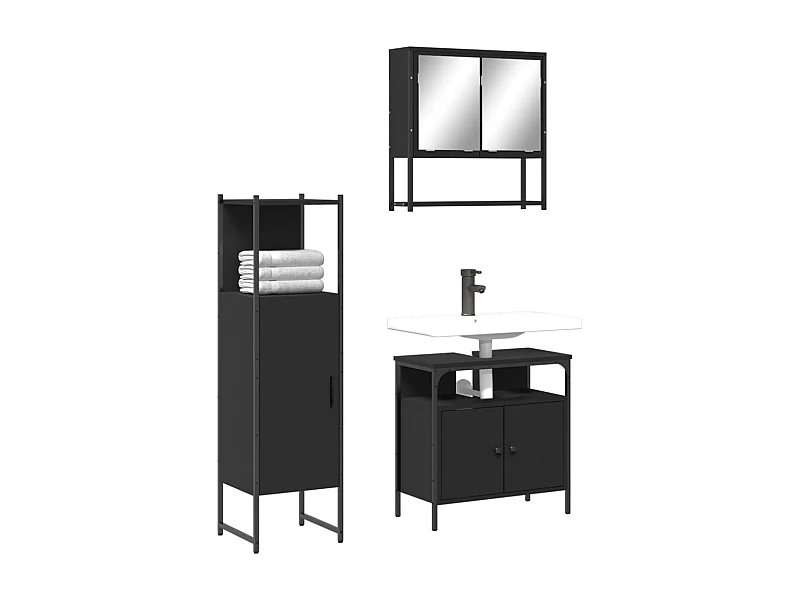 Set di mobili da bagno in legno ingegnerizzato nero, 3 pezzi