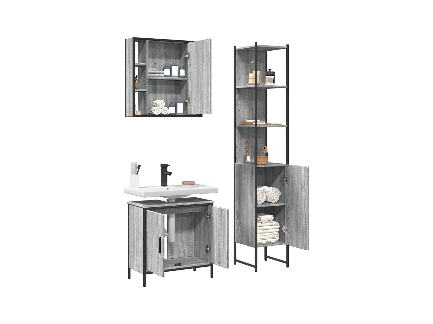 Ensemble d'armoires de salle de bain 3 pcs sonoma gris