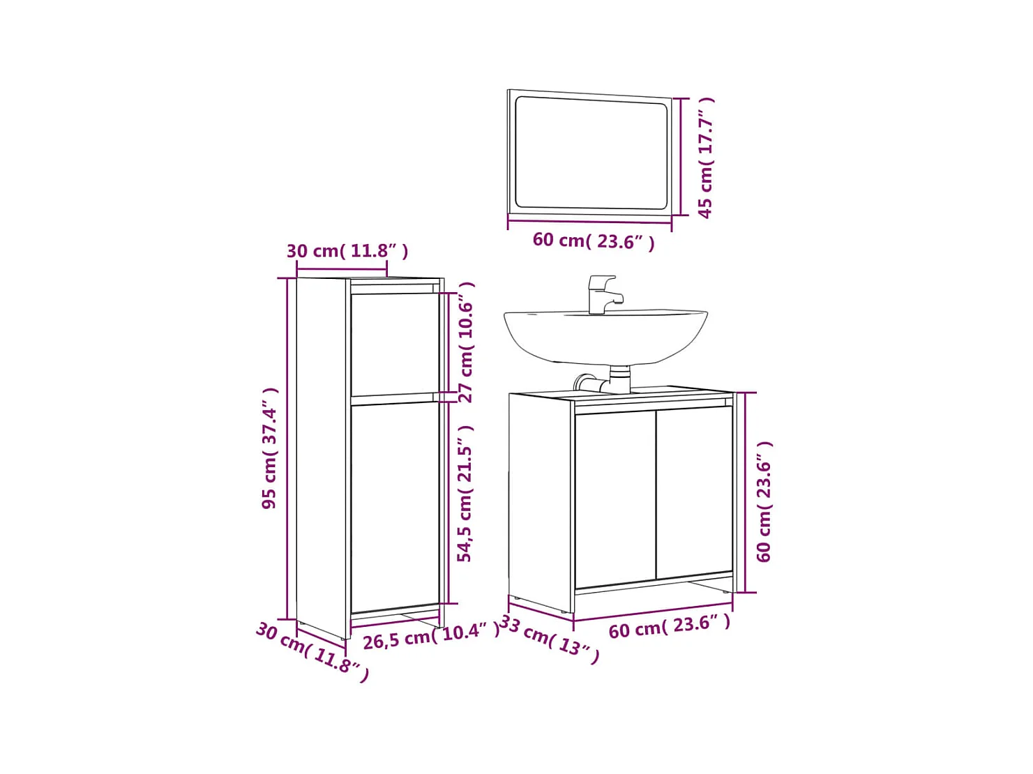 Set di mobili da bagno Sonoma Grey da 3 pezzi