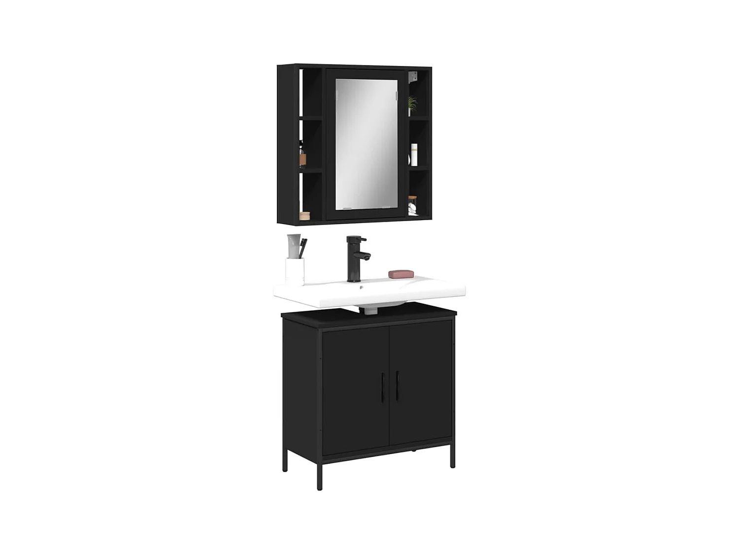 Set di mobili da bagno in legno ingegnerizzato nero, 2 pezzi