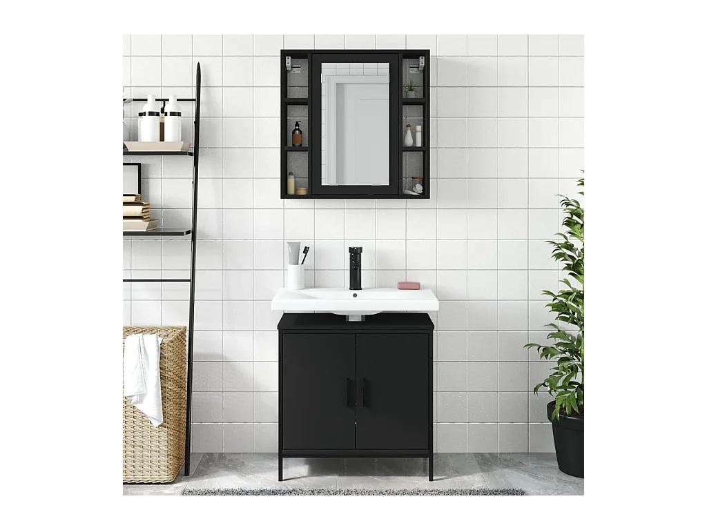 Set di mobili da bagno in legno ingegnerizzato nero, 2 pezzi