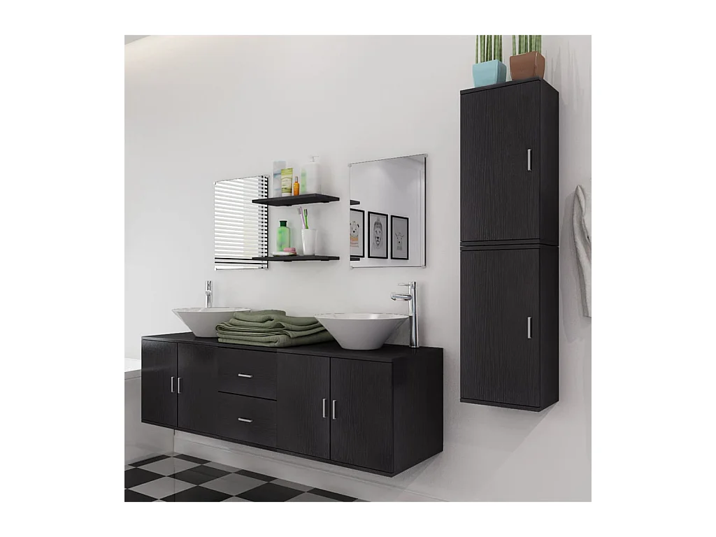 Conjunto de muebles de baño con lavabo 9 piezas Negro