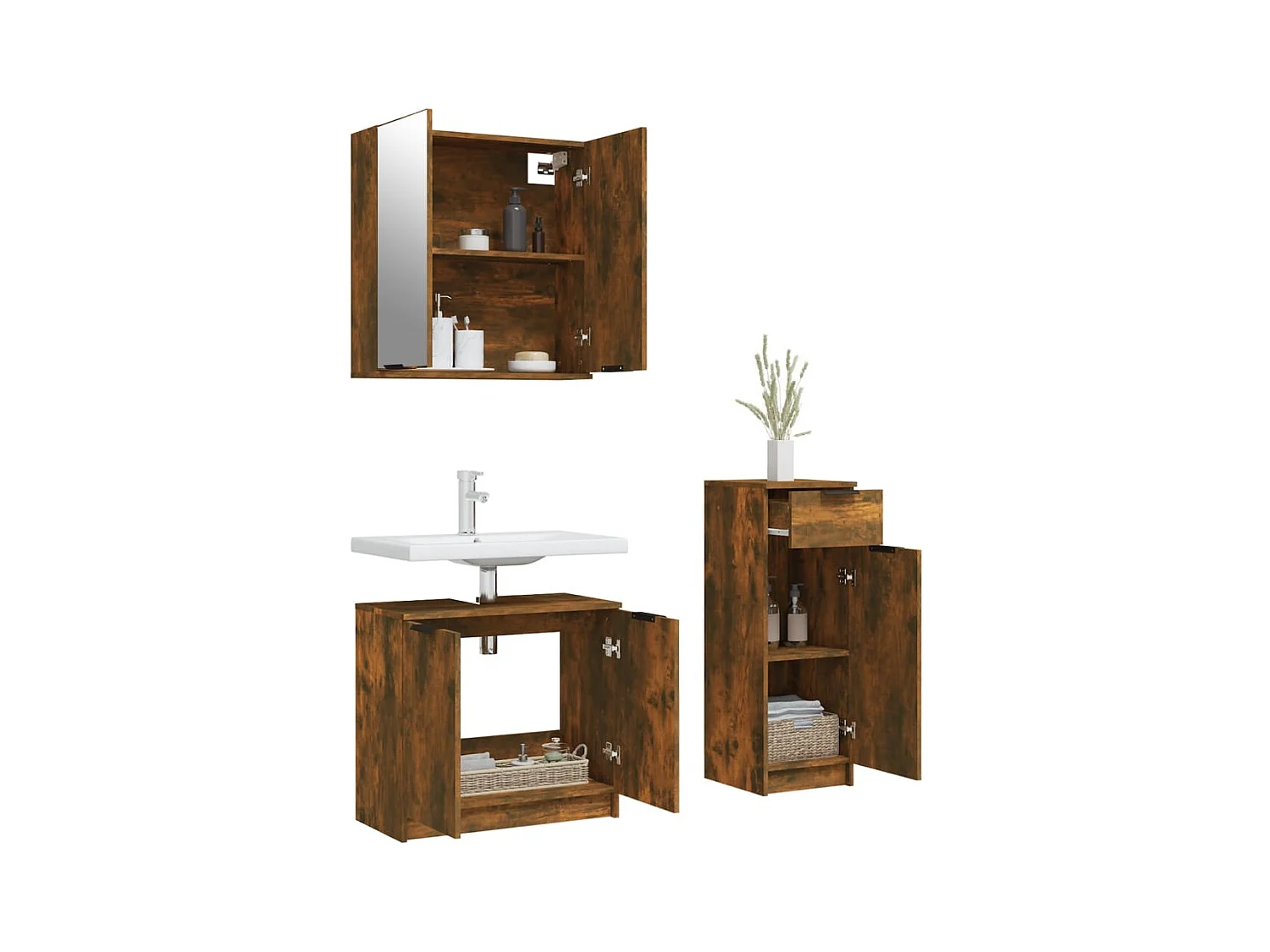 Set di mobili da bagno in rovere affumicato da 3 pezzi