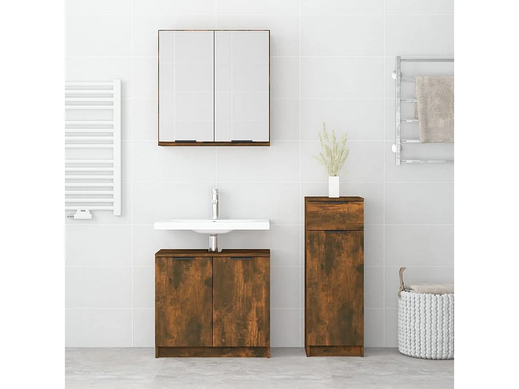 Set di mobili da bagno in rovere affumicato da 3 pezzi