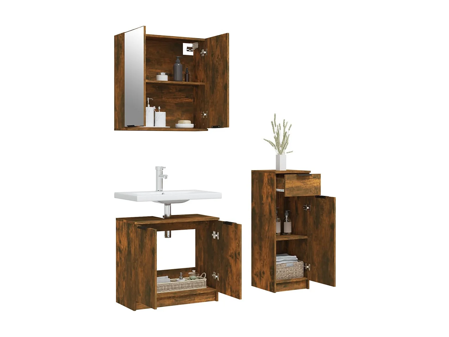 Set di mobili da bagno in rovere affumicato da 3 pezzi