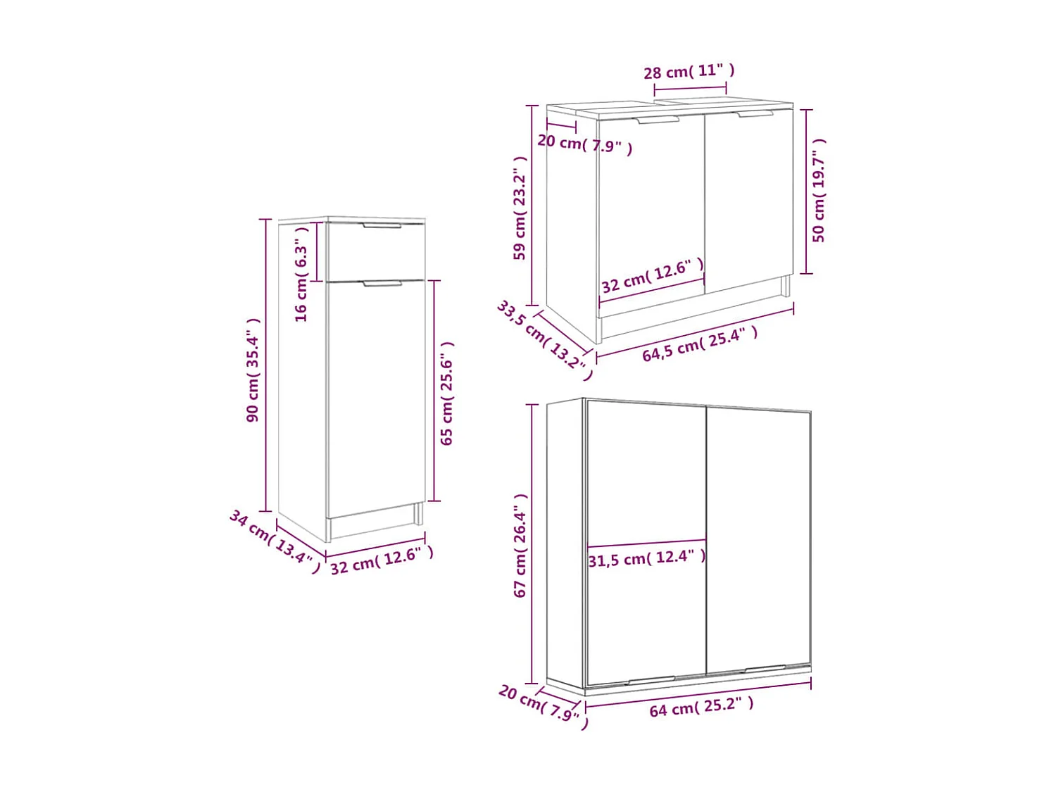 Set di mobili da bagno in rovere affumicato da 3 pezzi