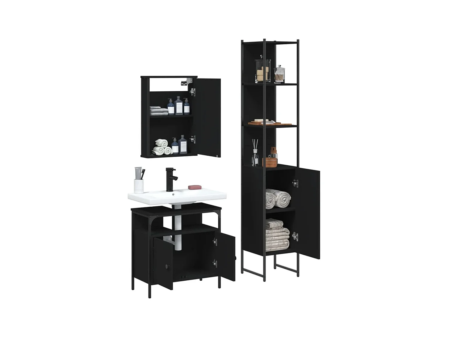 Set di mobili da bagno in legno ingegnerizzato nero, 3 pezzi