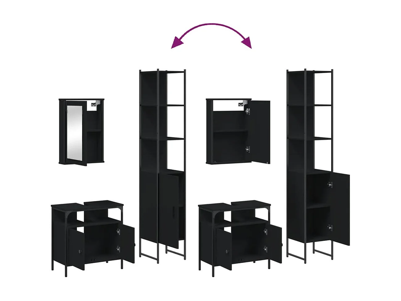 Set di mobili da bagno in legno ingegnerizzato nero, 3 pezzi