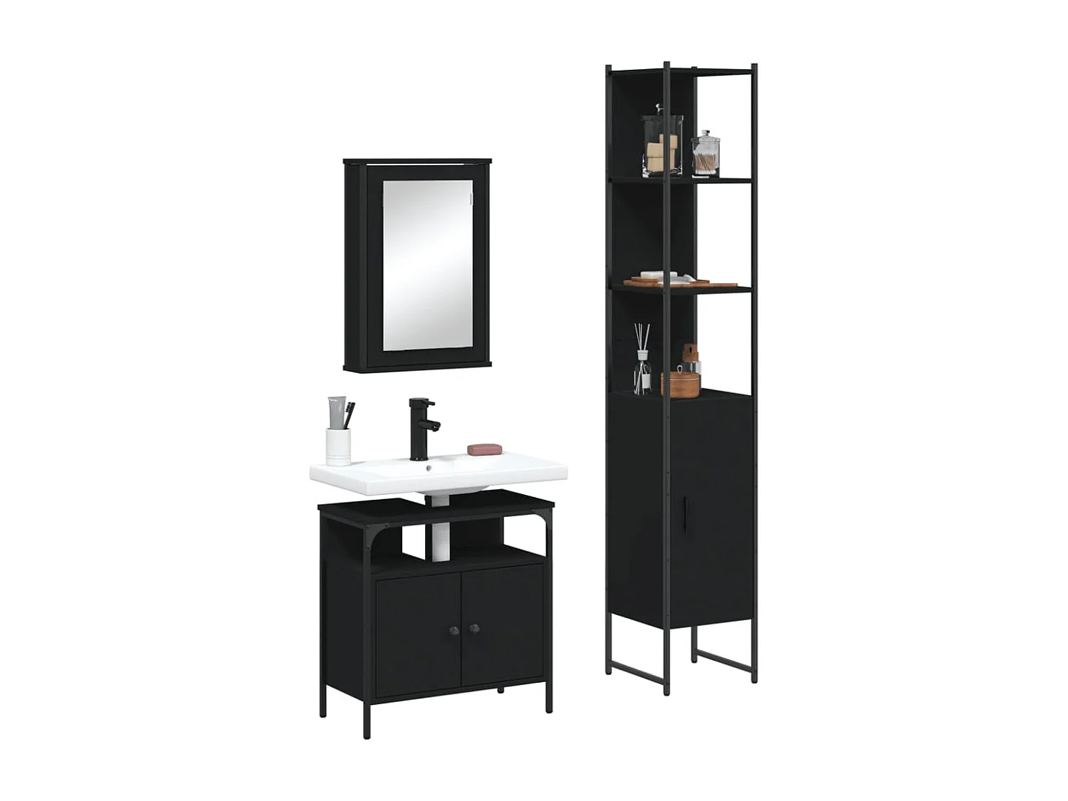 Set di mobili da bagno in legno ingegnerizzato nero, 3 pezzi