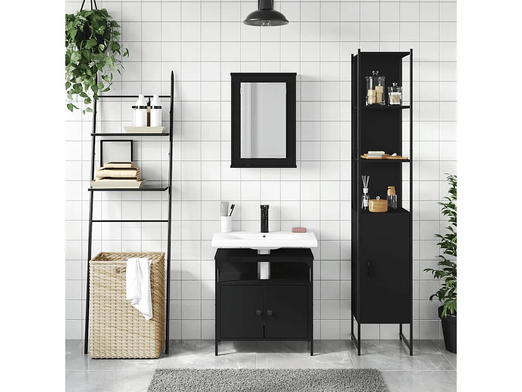 Set di mobili da bagno in legno ingegnerizzato nero, 3 pezzi