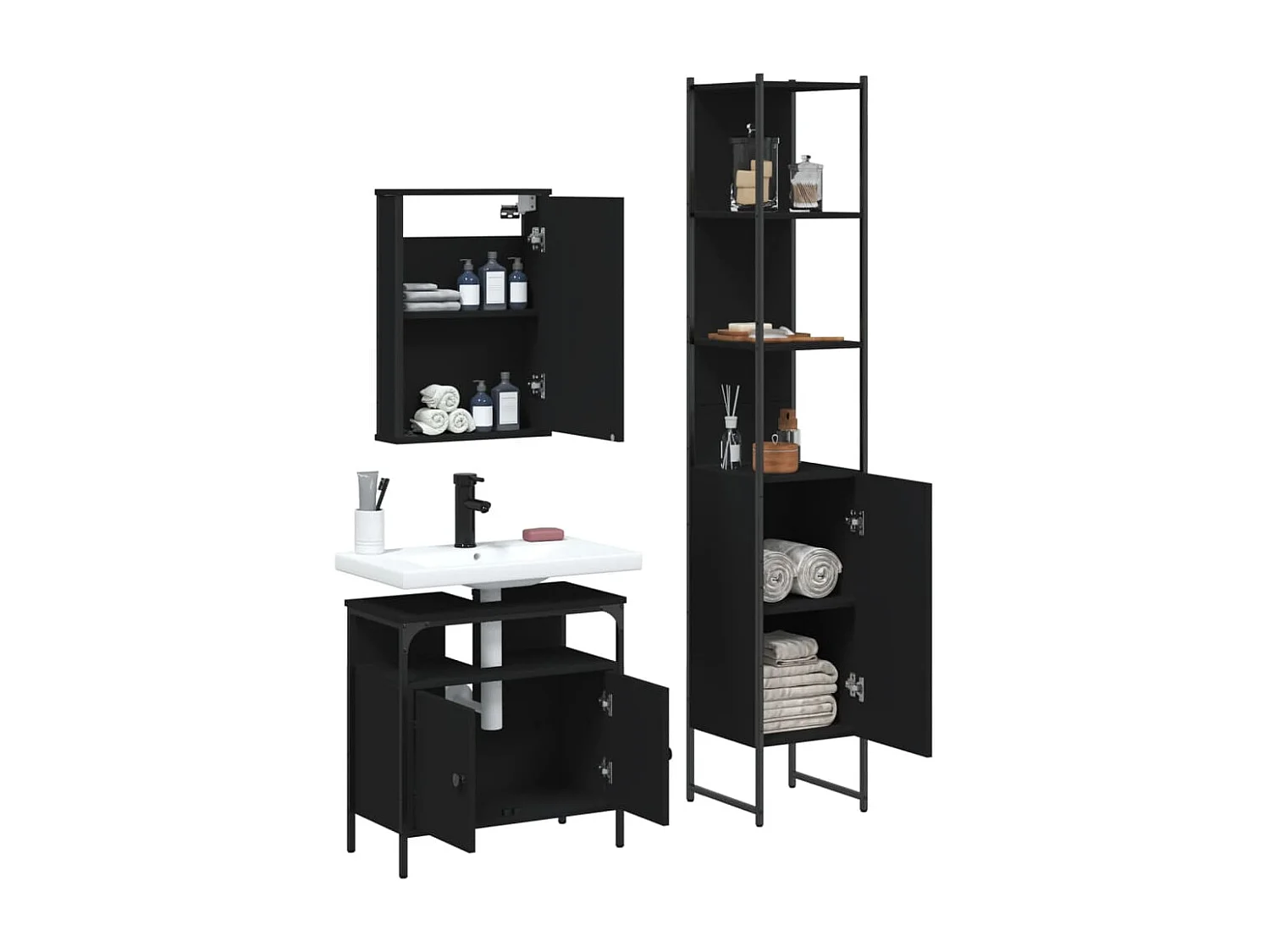 Set di mobili da bagno in legno ingegnerizzato nero, 3 pezzi