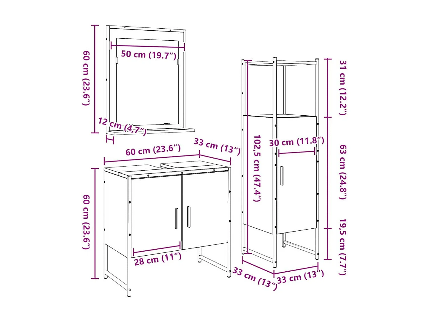 Ensemble de mobilier de salle de bain avec porte 3 pcs Marron