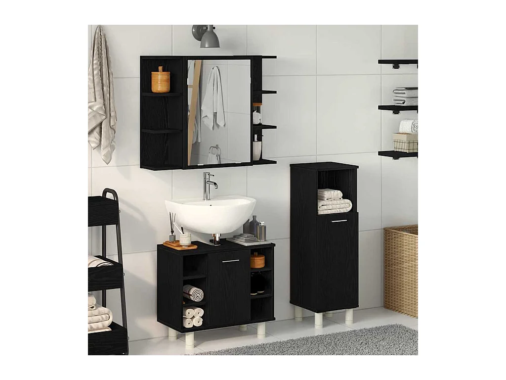 Ensemble de mobilier de salle de bain avec étagère 3 pcs Noir