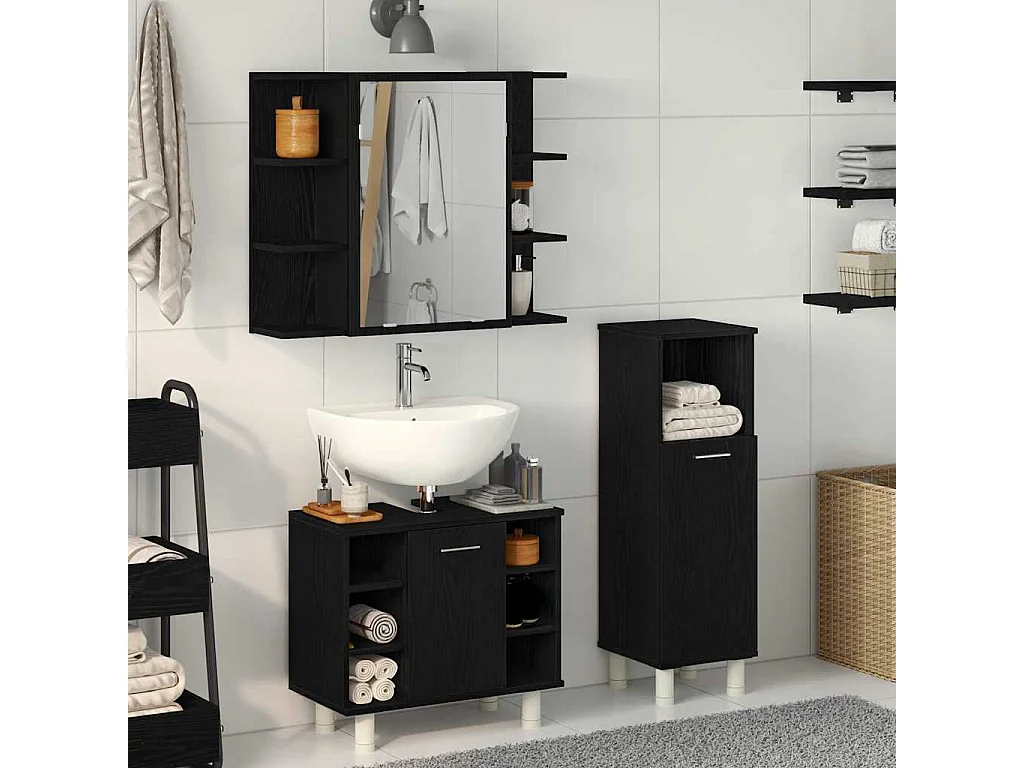 Ensemble de mobilier de salle de bain avec étagère 3 pcs Noir