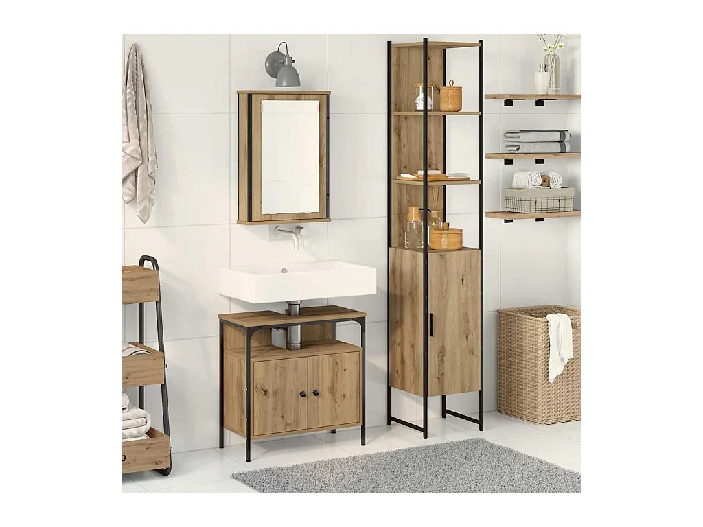 Set di mobili da bagno 3 pezzi, rovere lavorato a mano