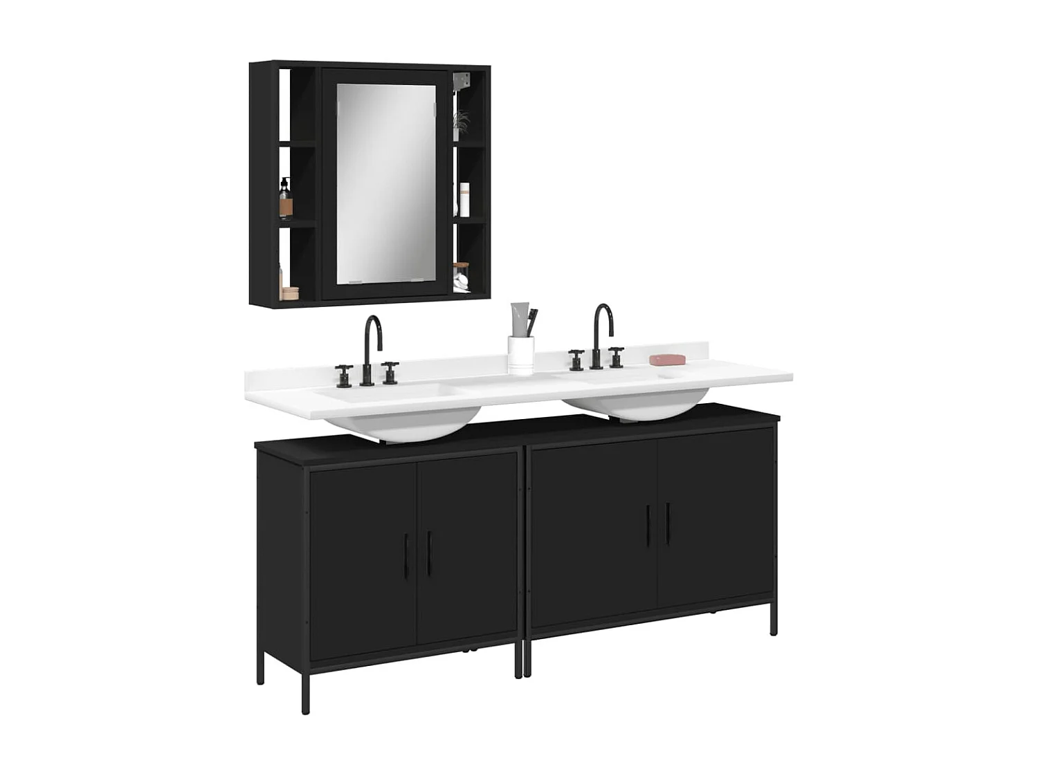 Conjunto de gabinete de baño de 3 piezas de madera de ingeniería negra