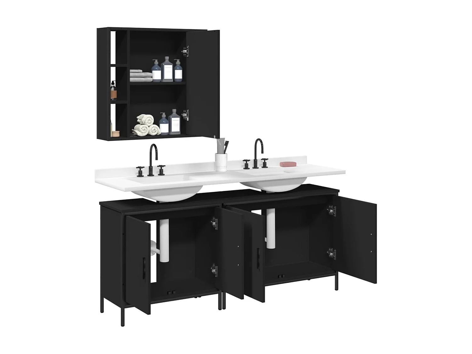 Conjunto de gabinete de baño de 3 piezas de madera de ingeniería negra