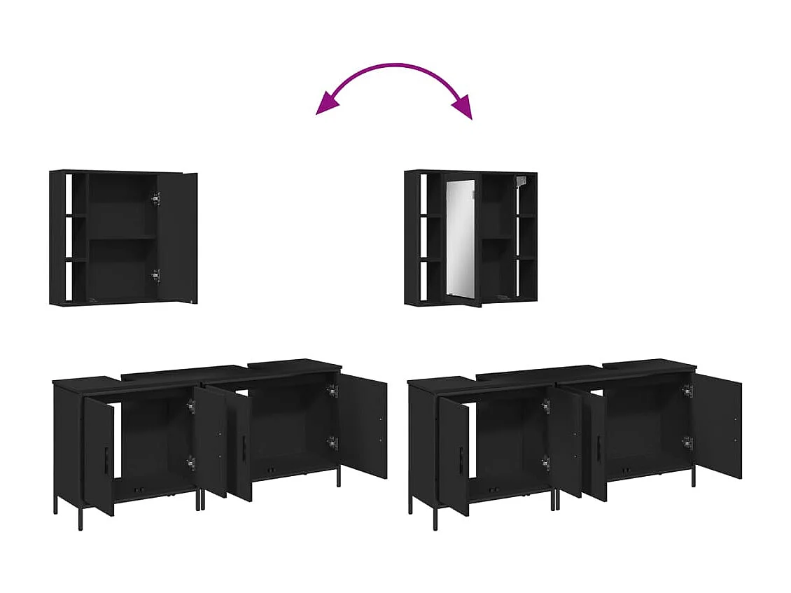 Conjunto de gabinete de baño de 3 piezas de madera de ingeniería negra