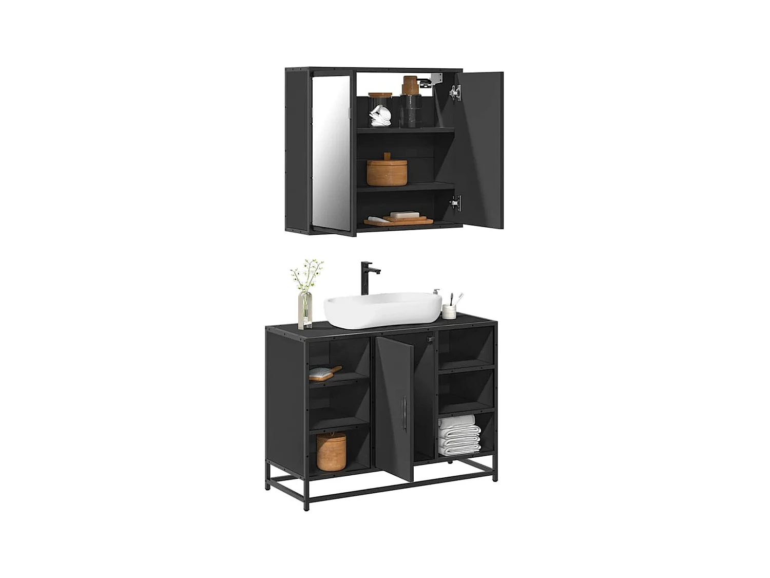 2-teiliges Badmöbel-Set Holzwerkstoff schwarz