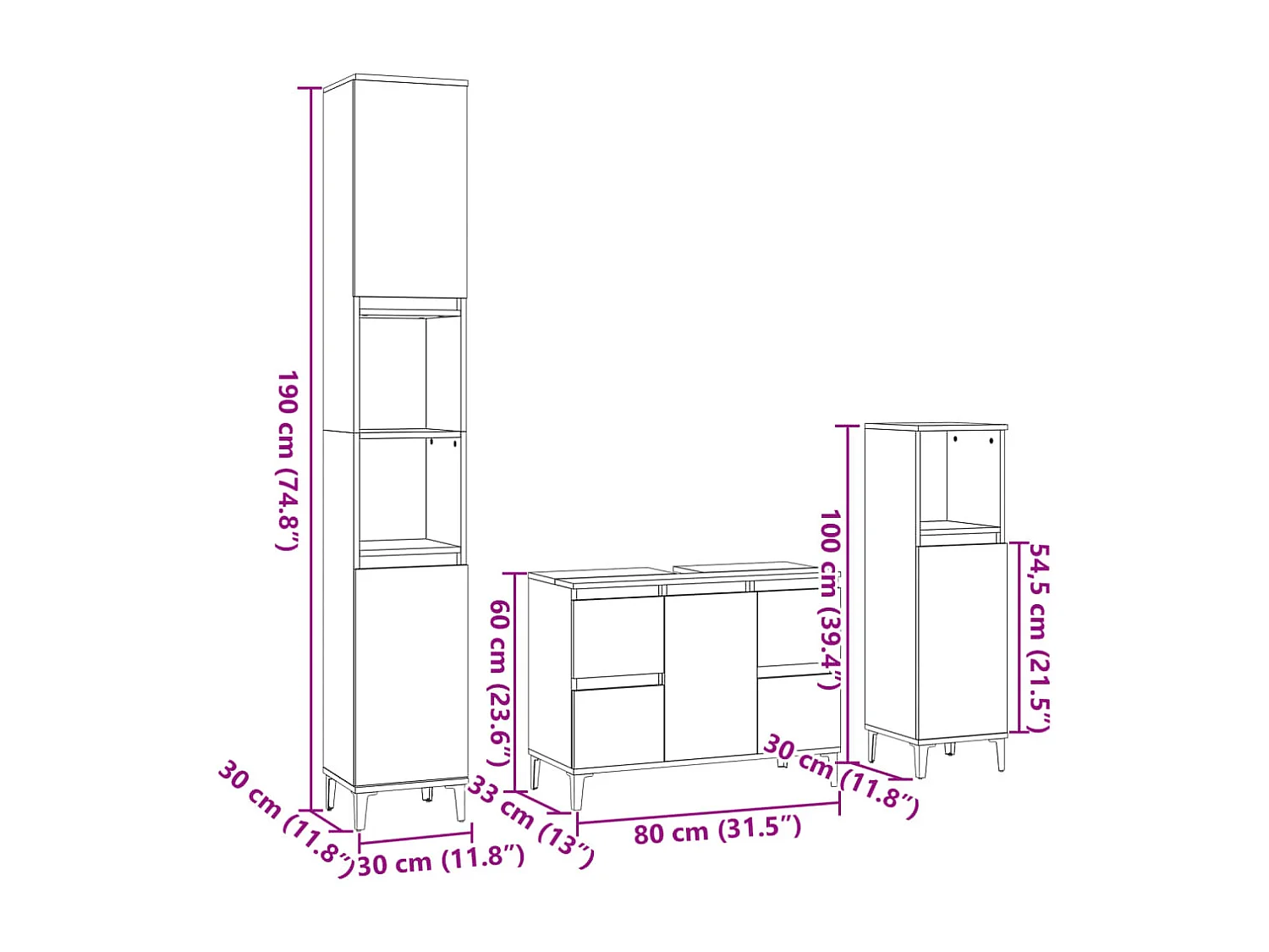 Set di mobili da bagno 3 pezzi in rovere Sonoma