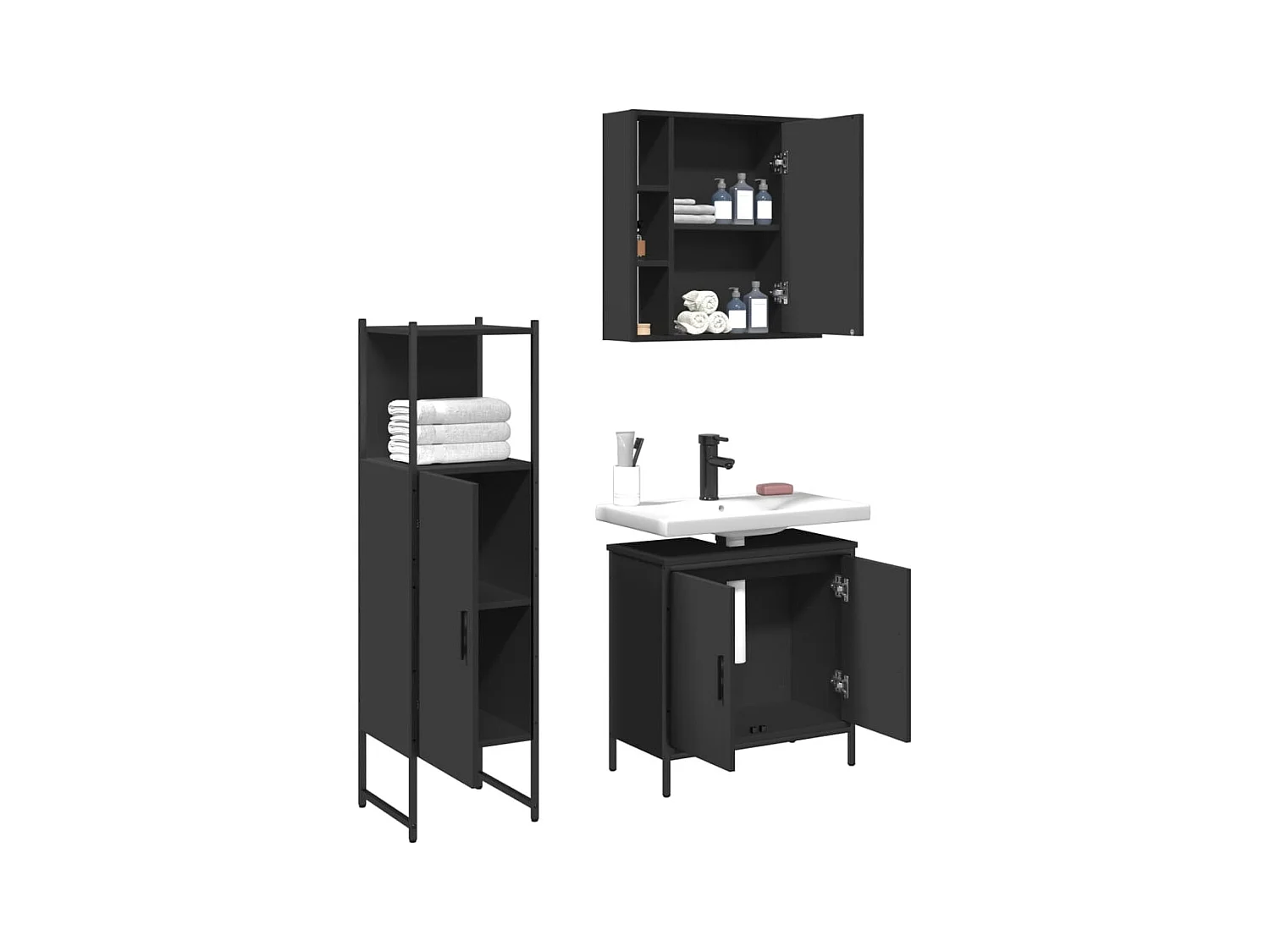 Set di mobili da bagno in legno ingegnerizzato nero, 3 pezzi