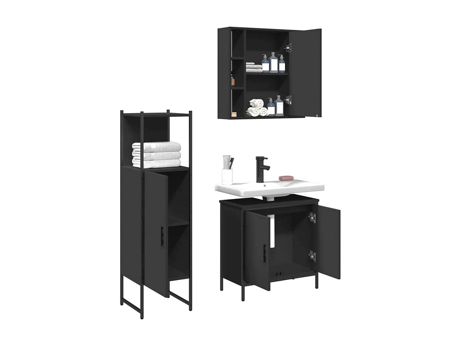 Ensemble d'armoires salle de bain 3 pcs noir bois d'ingénierie