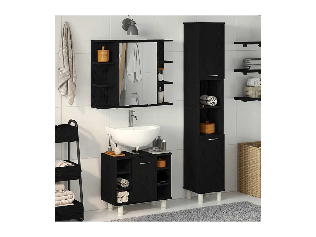 Ensemble de mobilier de salle de bain avec étagère 3 pcs Noir