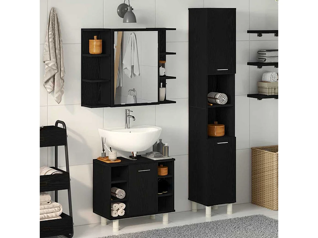 Ensemble de mobilier de salle de bain avec étagère 3 pcs Noir