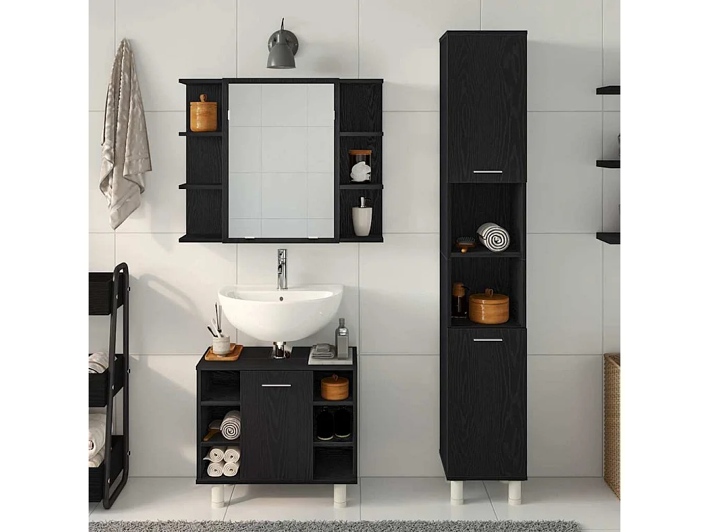 Ensemble de mobilier de salle de bain avec étagère 3 pcs Noir