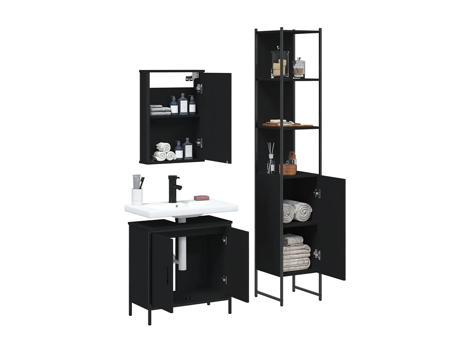 3-delige badkamermeubelset zwart bewerkt hout